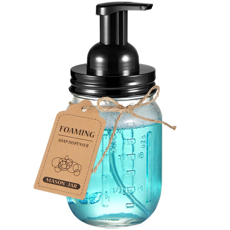 SheeChung Mason Jar Foaming Soap Dispenser-Rustproof Stainless Steel Lid & Foaming Soap Pump, Refill Foam Hand Soap Dispenser Glass for Bathroom Kitchen Vanities, Countertops-Black (1 pk) - Image 2